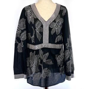 Lane Bryant Plus Black V-Neck Tie Back Top with Embroidery 18